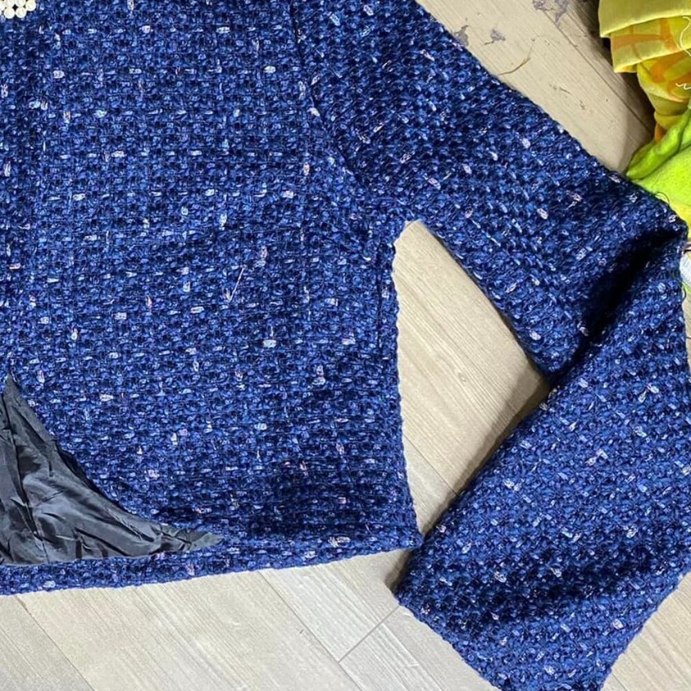 Royal Blue Cropped Tweed Jacket with Pearl Brooch Detail - Picture 4 of 4